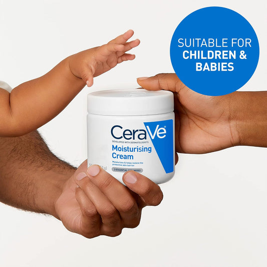 CeraVe moisturizing cream being held by an adult hand with a child's hand reaching out, on a white background.